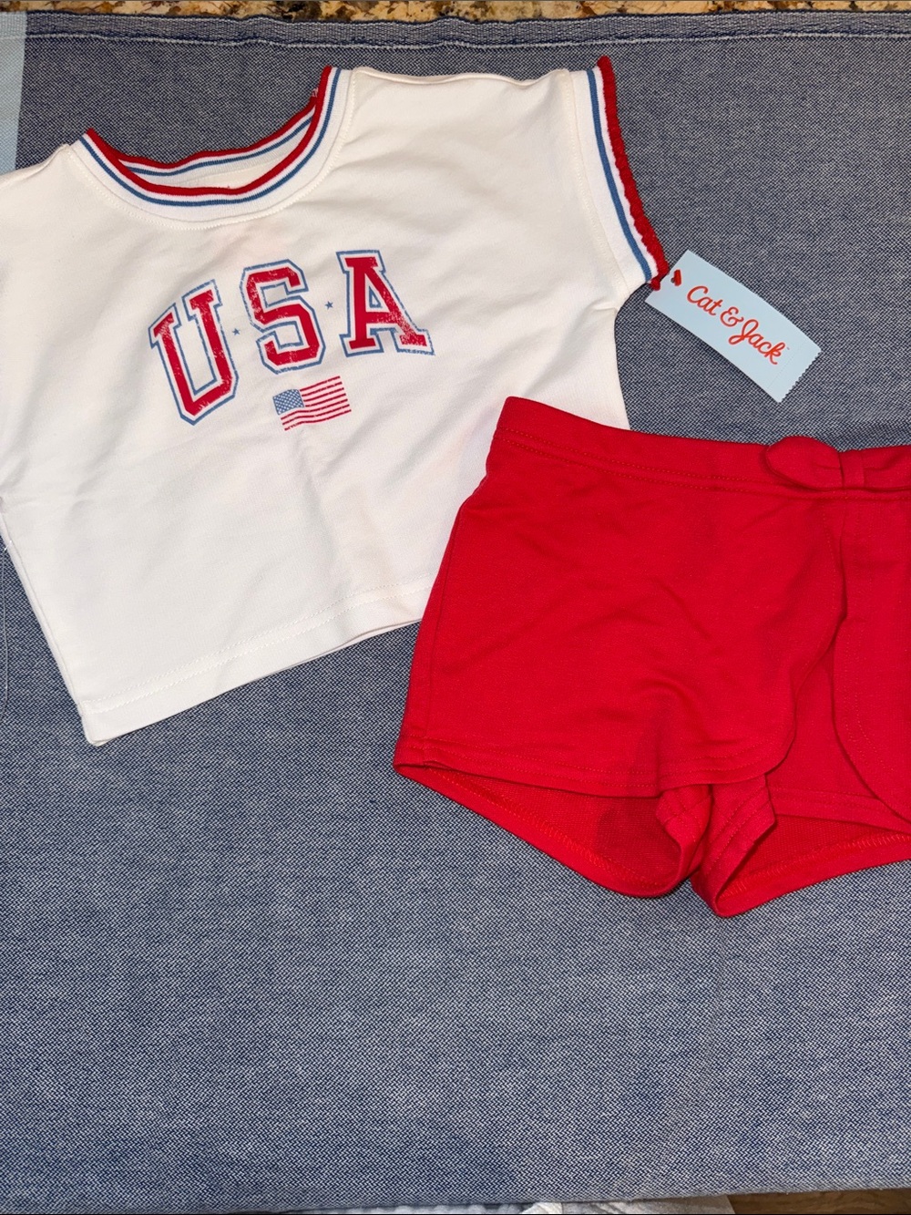 Cat & Jack Red Knit Kids Shorts with USA Crop Top